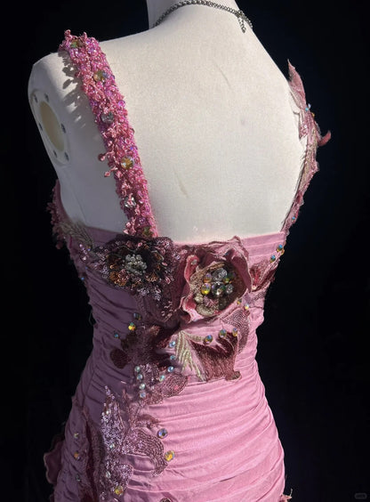 Superbe robe de bal longue en mousseline de soie, style sirène, col carré, mauve, avec appliques, style vintage, ED02570