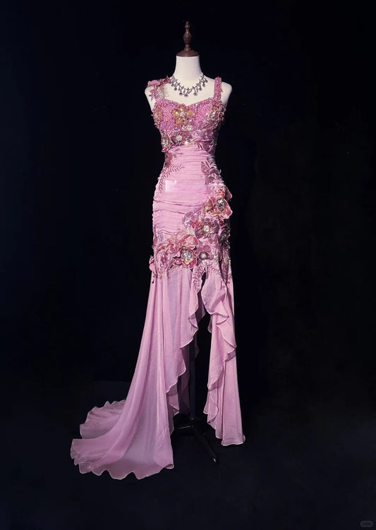 Superbe robe de bal longue en mousseline de soie, style sirène, col carré, mauve, avec appliques, style vintage, ED02570