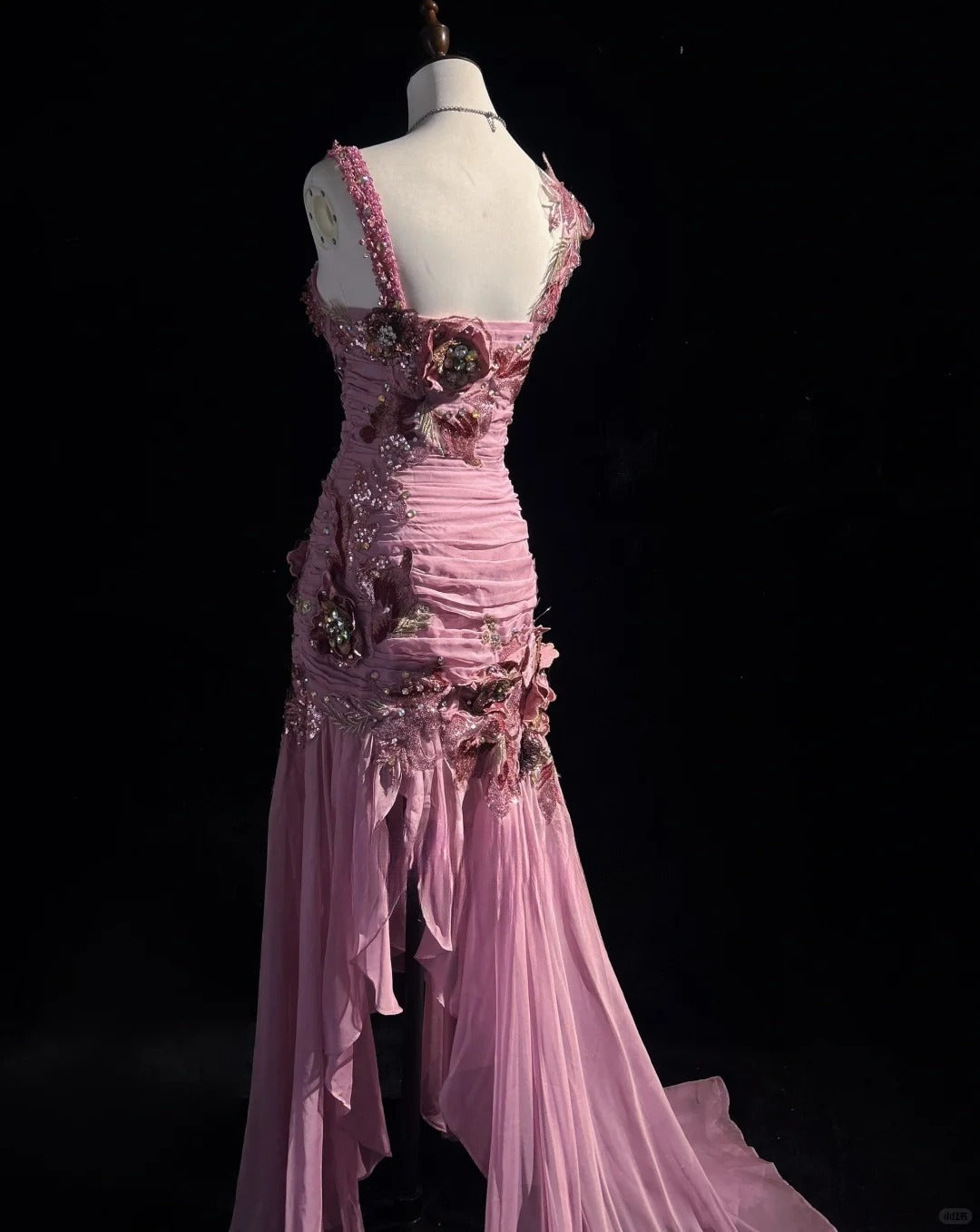 Superbe robe de bal longue en mousseline de soie, style sirène, col carré, mauve, avec appliques, style vintage, ED02570