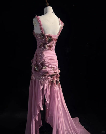 Superbe robe de bal longue en mousseline de soie, style sirène, col carré, mauve, avec appliques, style vintage, ED02570