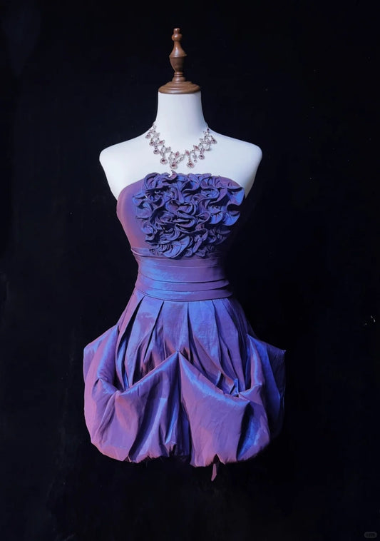 Atemberaubendes lila trägerloses A-Linien-Taft-Kurzballkleid Homecoming-Kleider ED02573