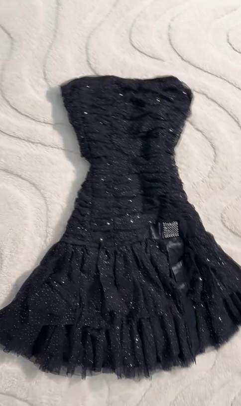 Y2K Black Strapless A-Line Glitter Tulle Short Prom Dress Homecoming D – EvaFashionDress