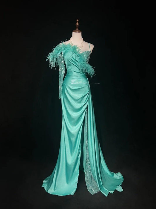 Robe de soirée longue élégante en satin bleu à col asymétrique et fentes ED02582