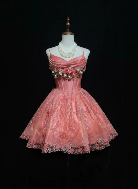 Robe de bal courte en satin et tulle rose vif, bretelles spaghetti, coupe trapèze, avec perles, ED02583