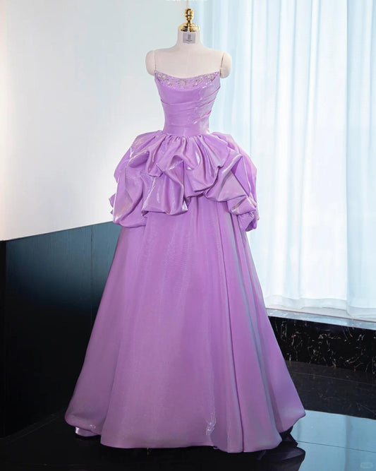 Superbe robe de bal longue bustier en satin violet, coupe trapèze, robe de soirée formelle ED02586