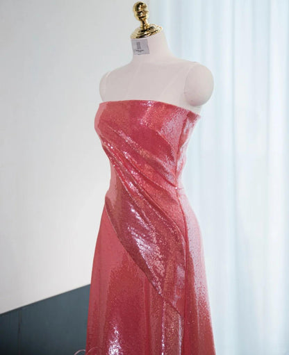 Superbe robe de bal longue en satin brillant rose vif, sans bretelles, coupe trapèze, robe de soirée formelle ED02588