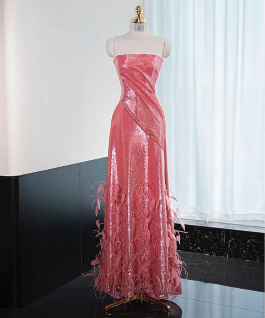 Superbe robe de bal longue en satin brillant rose vif, sans bretelles, coupe trapèze, robe de soirée formelle ED02588