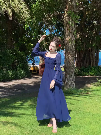 Französisches Retro-blaues Chiffon-Langes Kleid mit quadratischem Ausschnitt und Puffärmeln ED0258