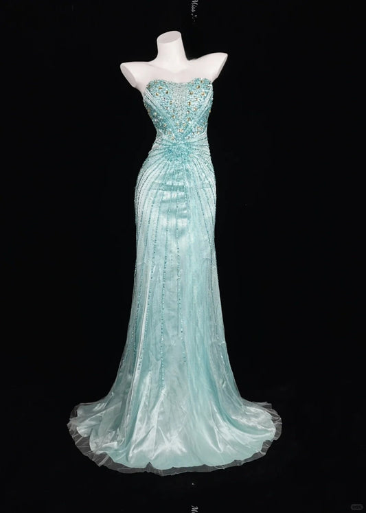 Superbe robe de bal sirène en satin bleu Tiffany, sans bretelles, à perles, longue, robe de soirée formelle ED02590