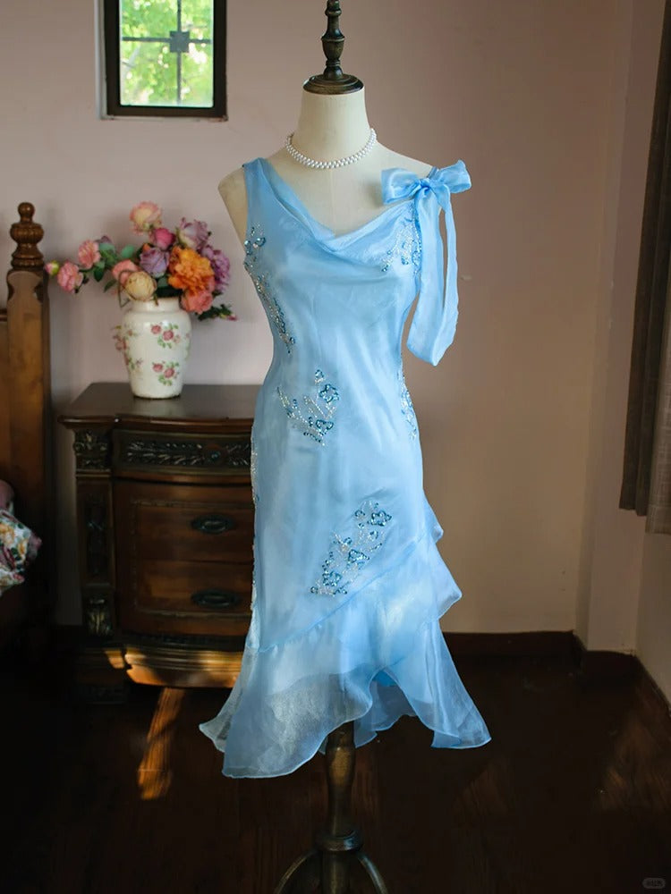Robe de soirée courte et élégante en mousseline de soie, col asymétrique, bleu, avec perles, ED02591