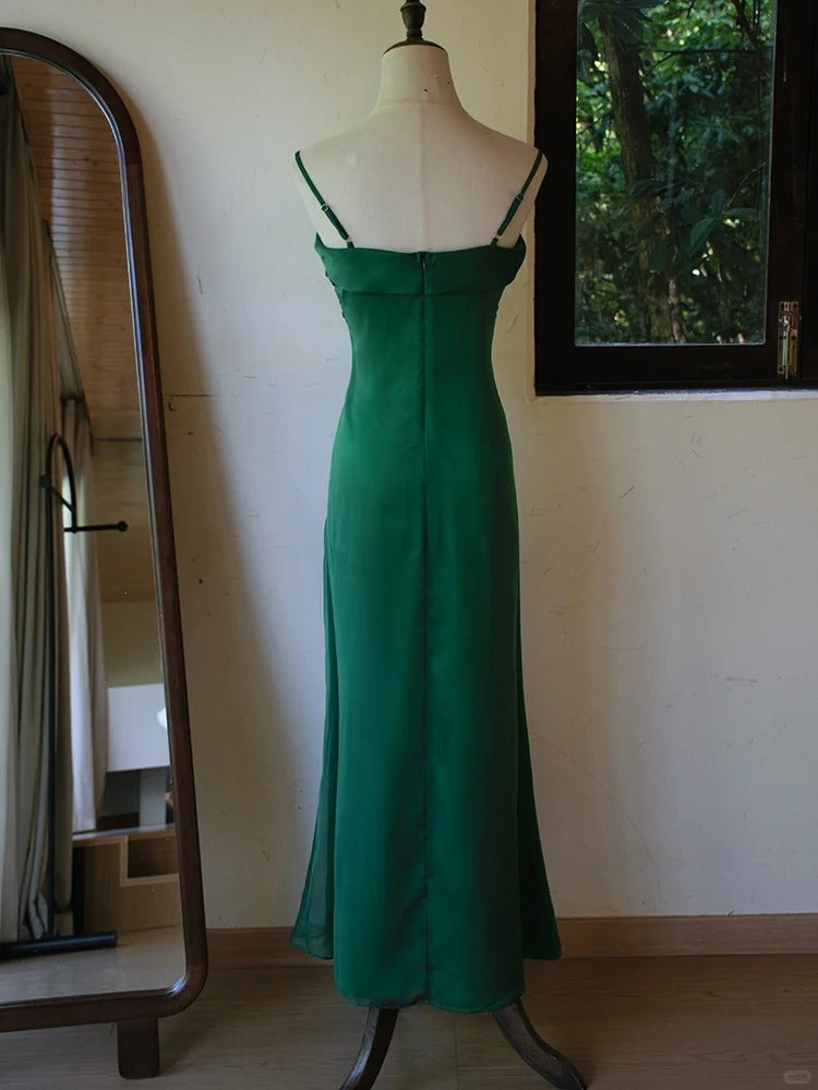 Superbe robe de bal fourreau en mousseline de soie verte à bretelles spaghetti, élégante robe de soirée ED02592