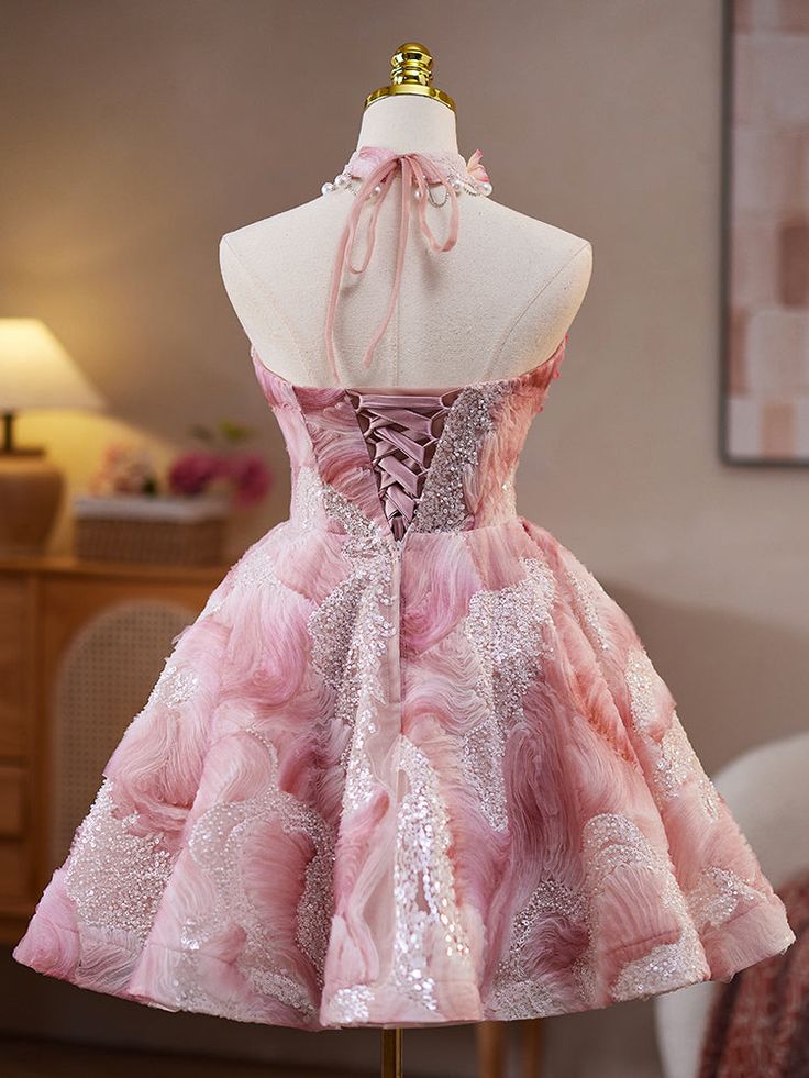 Cute Pink Strapless A-Line Sequined Tulle Short Prom Dresses Homecoming Dress ED02599
