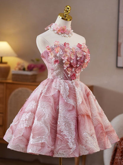 Cute Pink Strapless A-Line Sequined Tulle Short Prom Dresses Homecoming Dress ED02599