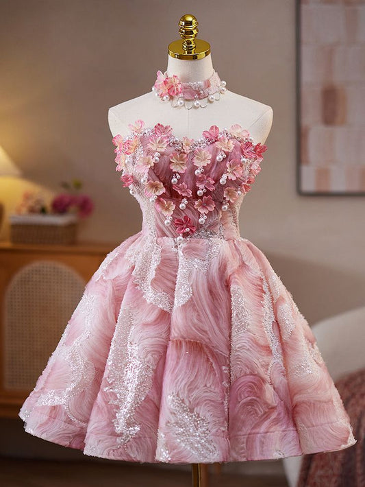 Cute Pink Strapless A-Line Sequined Tulle Short Prom Dresses Homecoming Dress ED02599