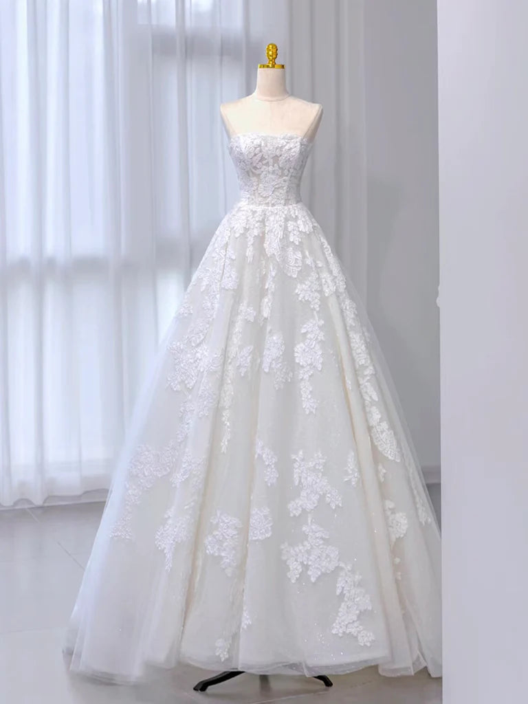 A-Linie Tüll Spitze Beige Langes Ballkleid, Beige Langes Abendkleid ED026