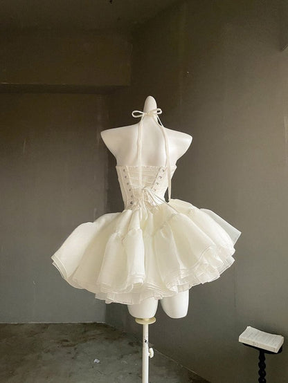 Sweet Off-White Strapless A-Line Tulle Short Prom Dresses Homecoming Dress ED02602