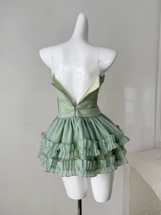 Sweet Green Spaghetti Straps A-Line Tulle Short Prom Dresses Homecoming Dress ED02605