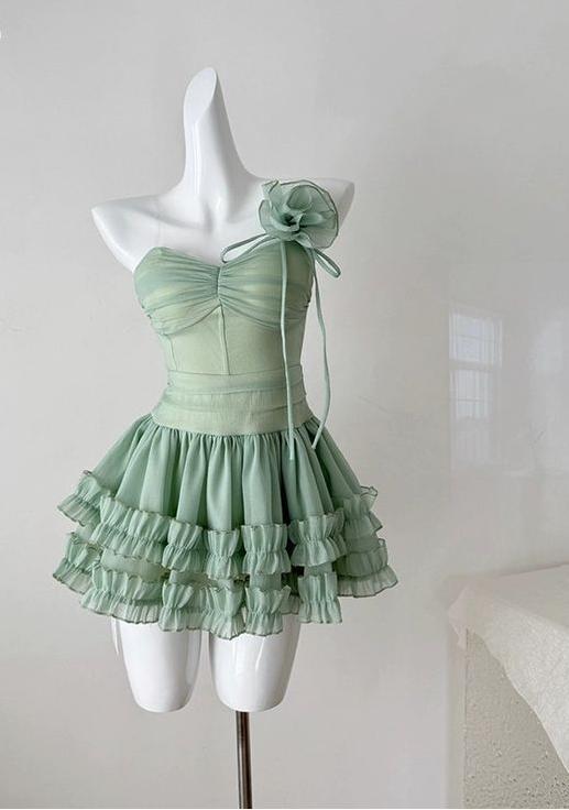 Sweet Green Spaghetti Straps A-Line Tulle Short Prom Dresses Homecoming Dress ED02605
