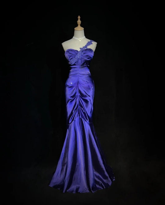 Robe de soirée élégante en satin violet, décolleté en cœur, style sirène, longue, ED02606