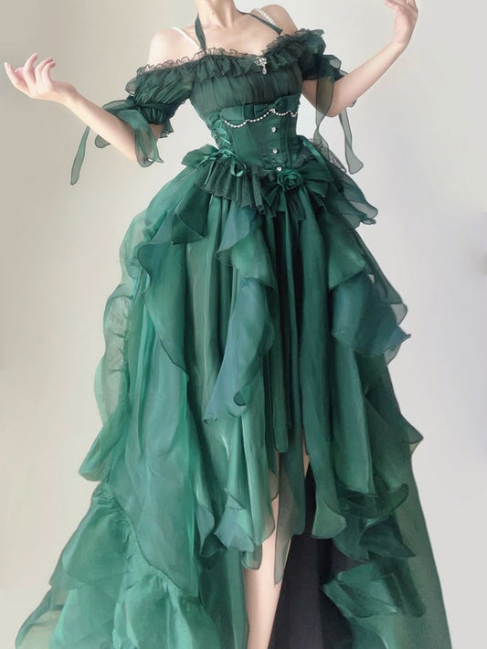 Robe de soirée longue en tulle vert forêt féerique, col licou, coupe trapèze, coupe haute et basse, ED02609