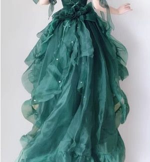 Robe de soirée longue en tulle vert forêt féerique, col licou, coupe trapèze, coupe haute et basse, ED02609