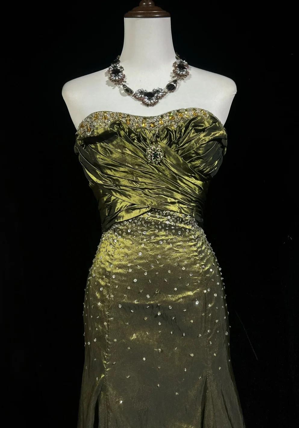 Robe de soirée élégante en satin vert, style sirène, sans bretelles, longue, avec perles, ED02610