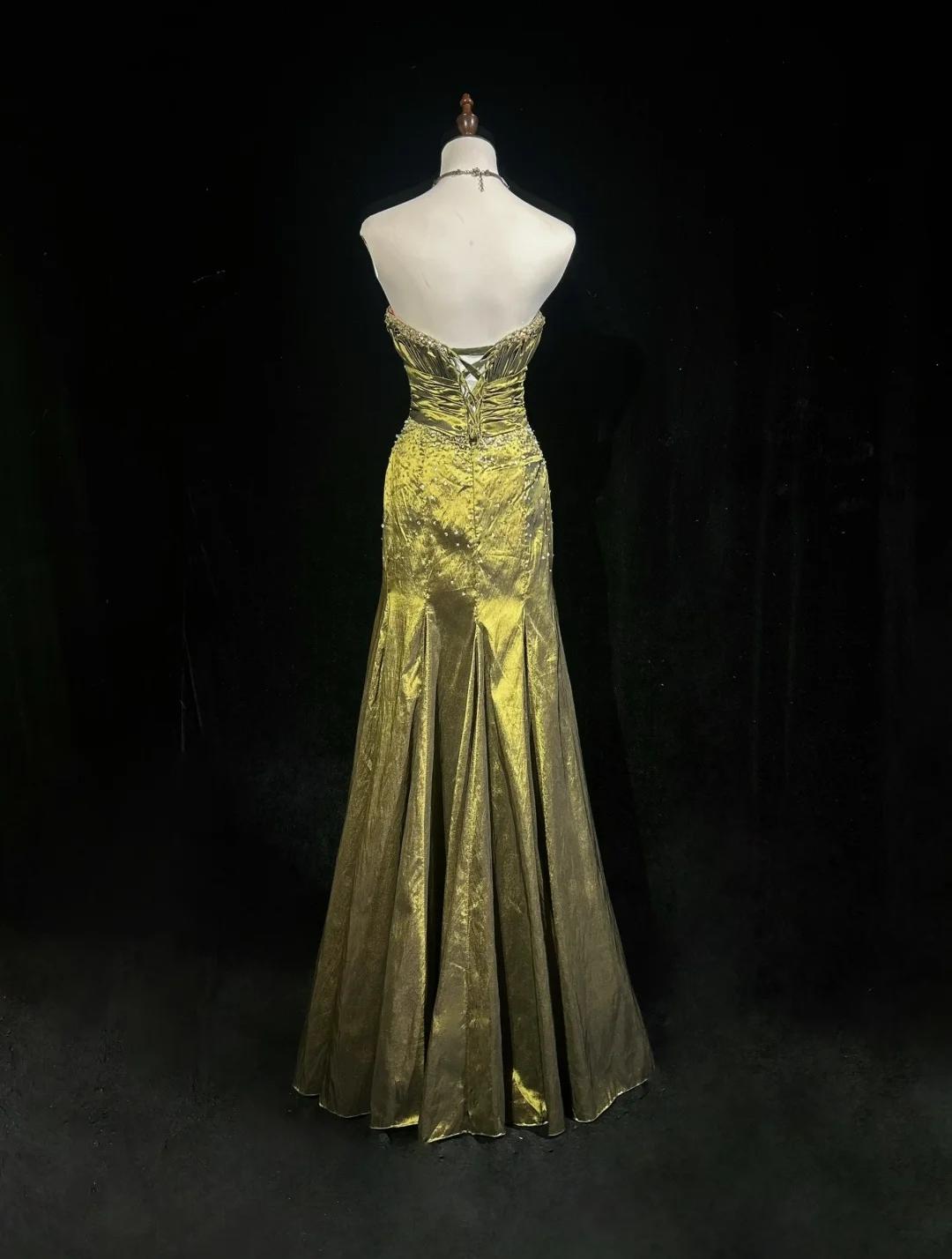 Robe de soirée élégante en satin vert, style sirène, sans bretelles, longue, avec perles, ED02610