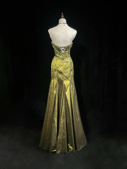 Robe de soirée élégante en satin vert, style sirène, sans bretelles, longue, avec perles, ED02610