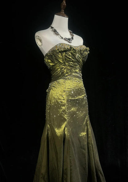 Robe de soirée élégante en satin vert, style sirène, sans bretelles, longue, avec perles, ED02610