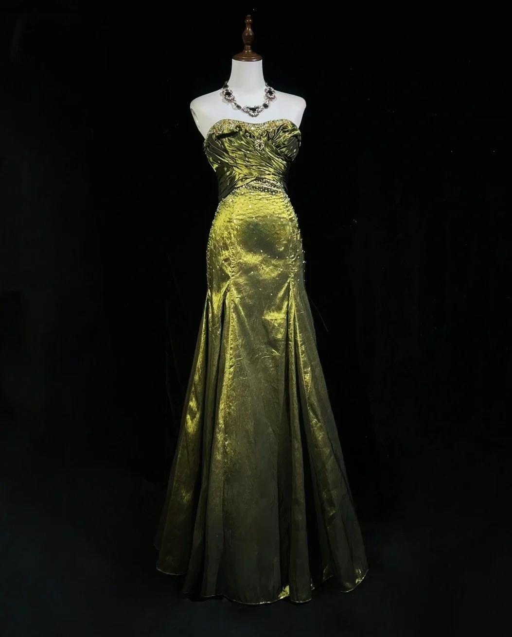 Robe de soirée élégante en satin vert, style sirène, sans bretelles, longue, avec perles, ED02610