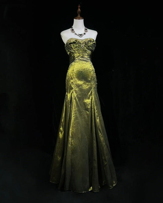 Robe de soirée élégante en satin vert, style sirène, sans bretelles, longue, avec perles, ED02610
