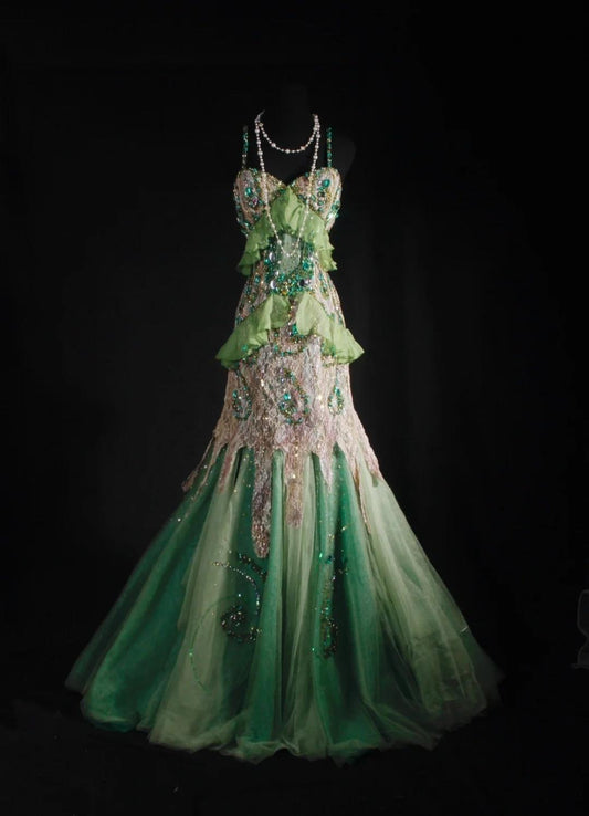Superbe robe de bal sirène verte à bretelles spaghetti, en tulle perlé, longue, en dentelle vintage, ED02611