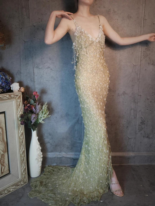 Superbe robe de bal longue en mousseline de soie à bretelles spaghetti et perles, élégante robe de soirée formelle avec applications 3D ED02612