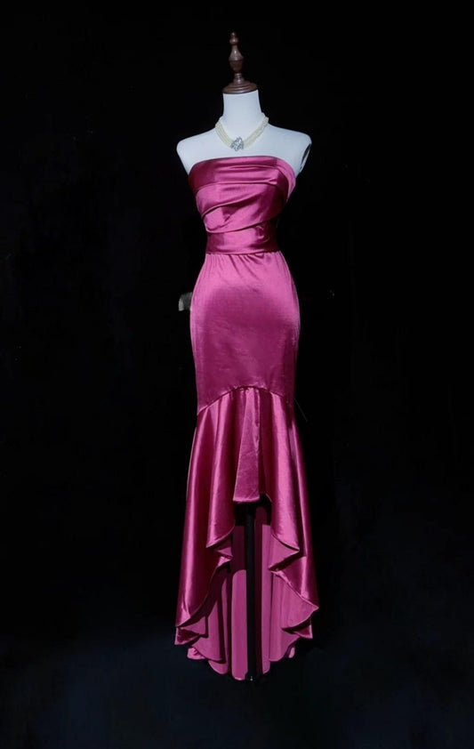 Superbe robe de soirée longue en satin fuchsia, style sirène, sans bretelles, ED02613