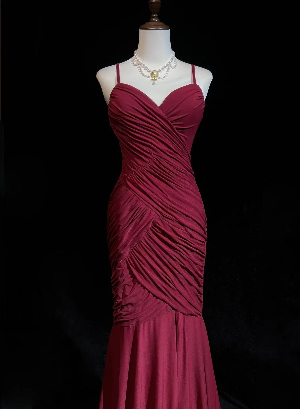Glam Red Spaghetti Straps Mermaid Chiffon Long Prom Dresses Formal Evening Gowns ED02619