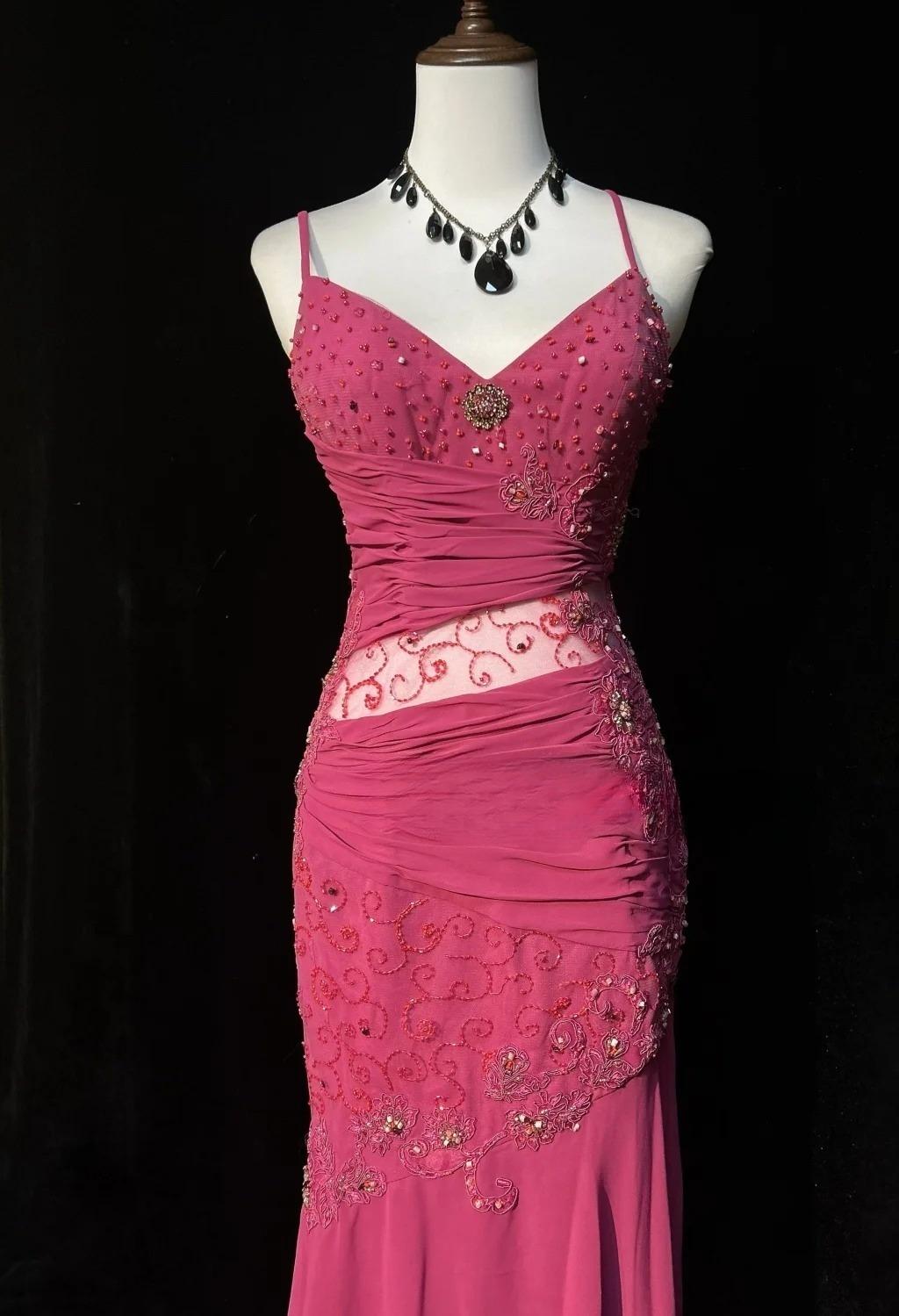 Stunning Pink Spaghetti Straps Sheath Beaded Chiffon Prom Dresses Formal Evening Gowns ED02620