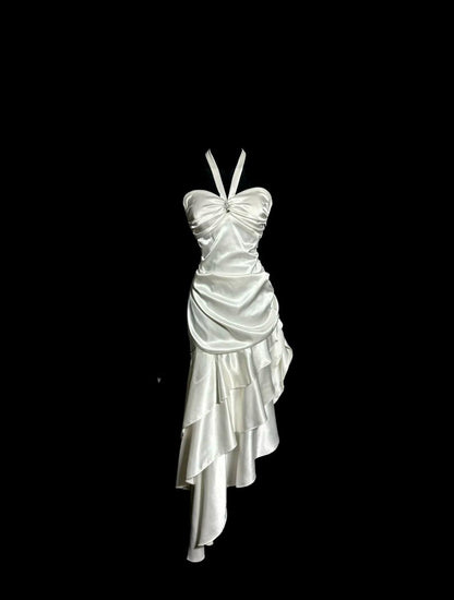Elegant White Halter Sheath Satin Prom Dresses Formal Evening Gowns ED02624
