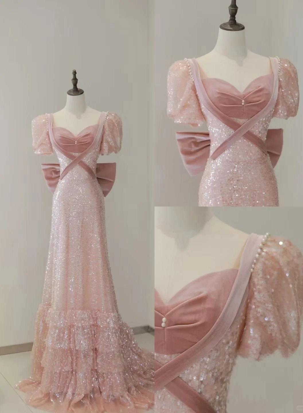 Elegant Pink A-Line Sweetheart Neck Sequins Long Prom Dresses Formal Evening Gowns  ED02629