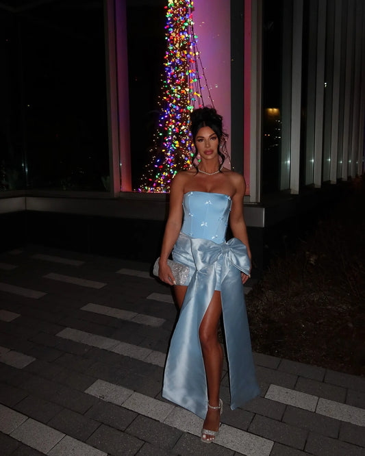 Glam Blue Strapless Bodycon Satin Short Party Dresses Homecoming Dress with Bow ED02646