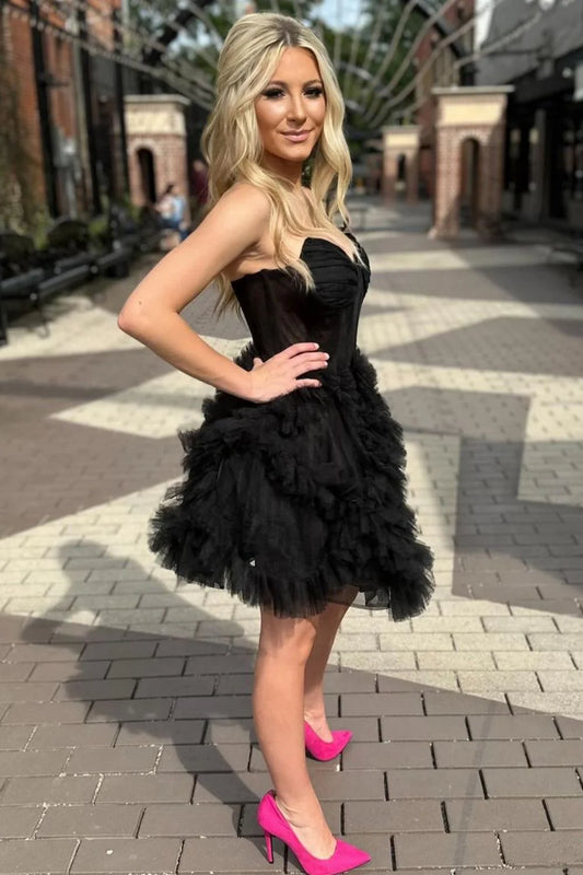 Simple Black Strapless A-Line Tulle Short Prom Dresses Homecoming Dress ED02651