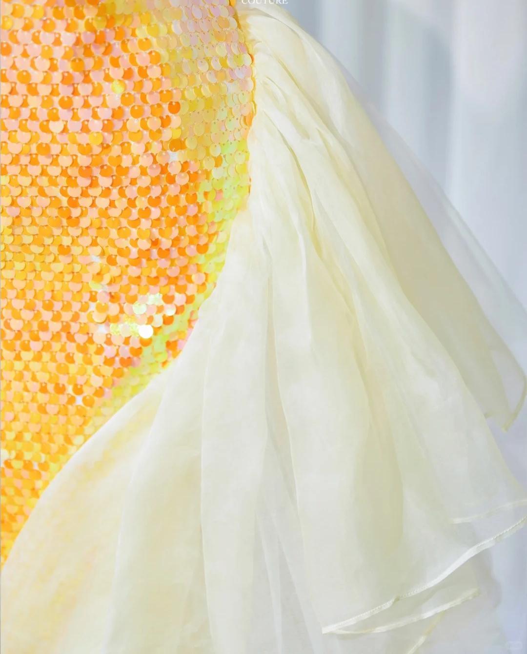 Gorgeous Bright Yellow Strapless Mermaid Sequined Tulle Long Prom Dresses Formal Evening Gowns ED02657