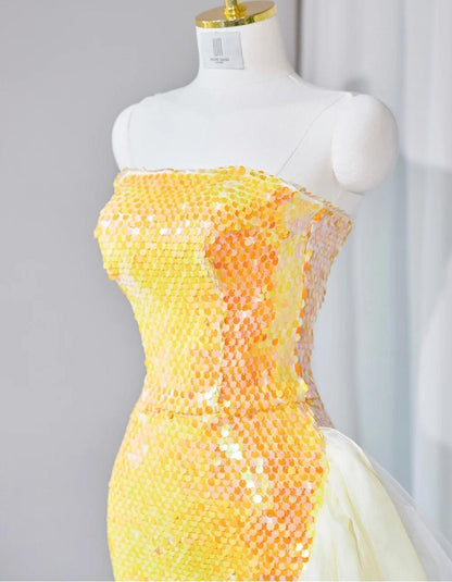 Gorgeous Bright Yellow Strapless Mermaid Sequined Tulle Long Prom Dresses Formal Evening Gowns ED02657
