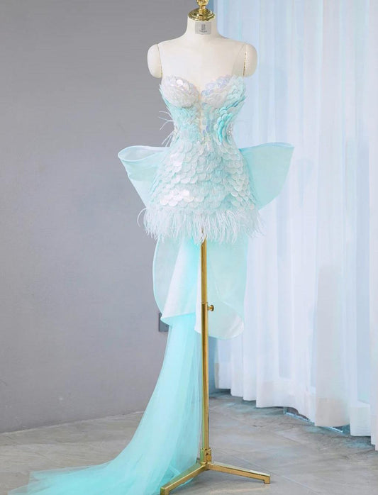 Stunning Ice Blue Strapless Bodycon Sequin Short Prom Dresses Homecoming Dress with Bow ED02658
