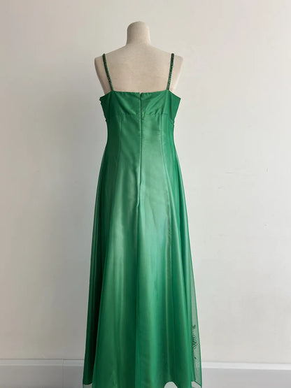 Stunning Green Gradient Spaghetti Strap A-Line Satin Beaded Chiffon Long Prom Dresses Vintage Formal Evening Gowns ED02663