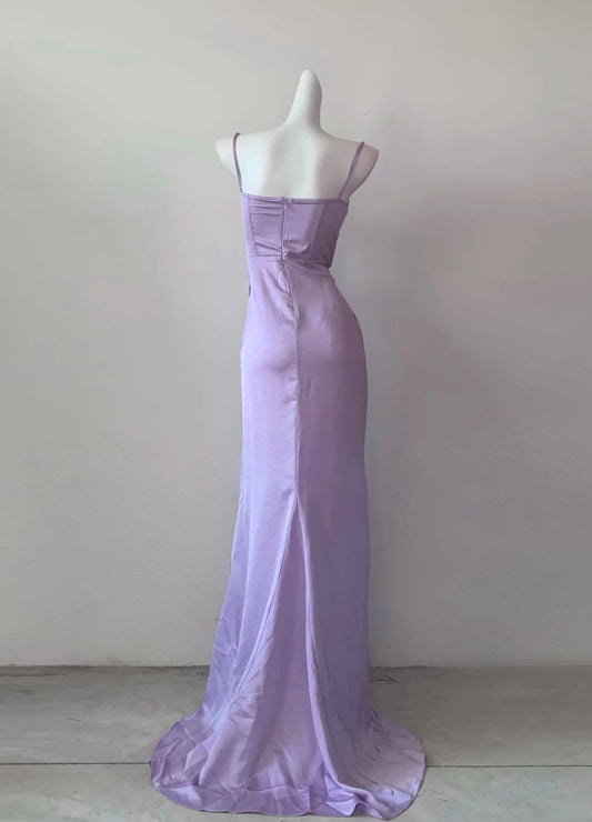 Superbe robe de soirée longue en satin fuchsia, style sirène, sans bretelles, ED02613