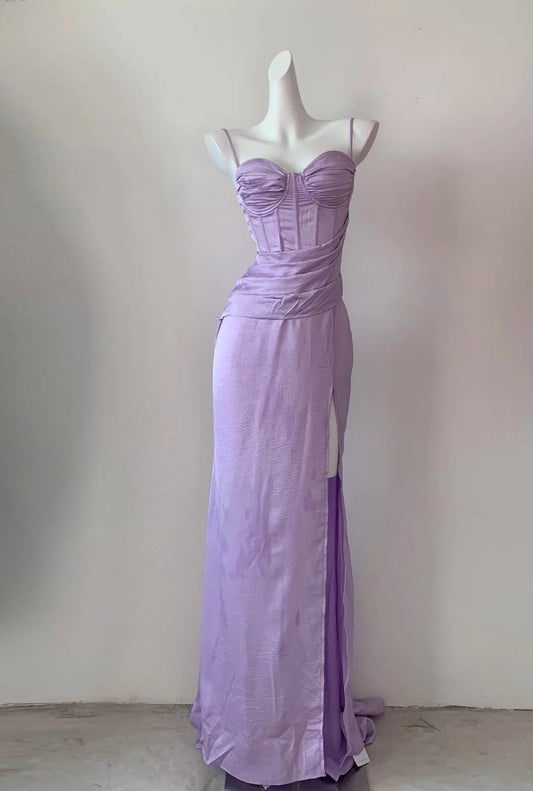 Superbe robe de soirée longue en satin fuchsia, style sirène, sans bretelles, ED02613