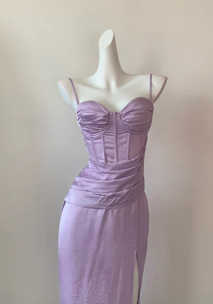 Superbe robe de soirée longue en satin fuchsia, style sirène, sans bretelles, ED02613