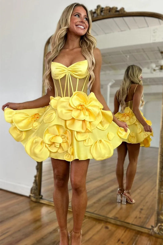 Sweet Yellow Spaghetti Straps A-Line Satin Applique Short Prom Dresses Pretty Homecoming Dress ED02669