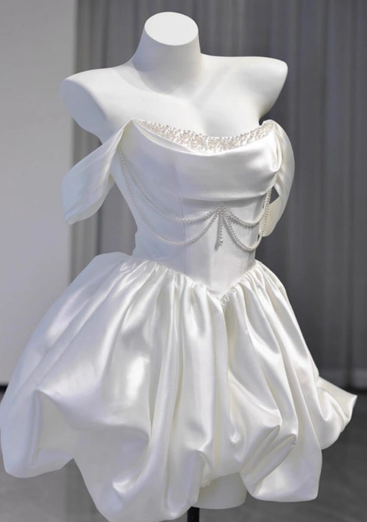 Simple White Off-the-shoulder A-Line Satin Short Prom Dresses Homecoming Dress with Pearls ED02671