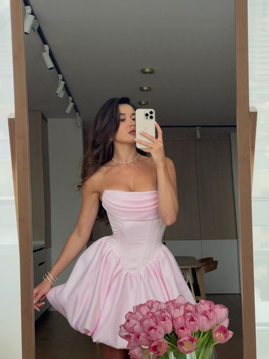 Sweet Pink Strapless A-Line Satin Short Prom Dresses Elegant Homecoming Dress ED02672